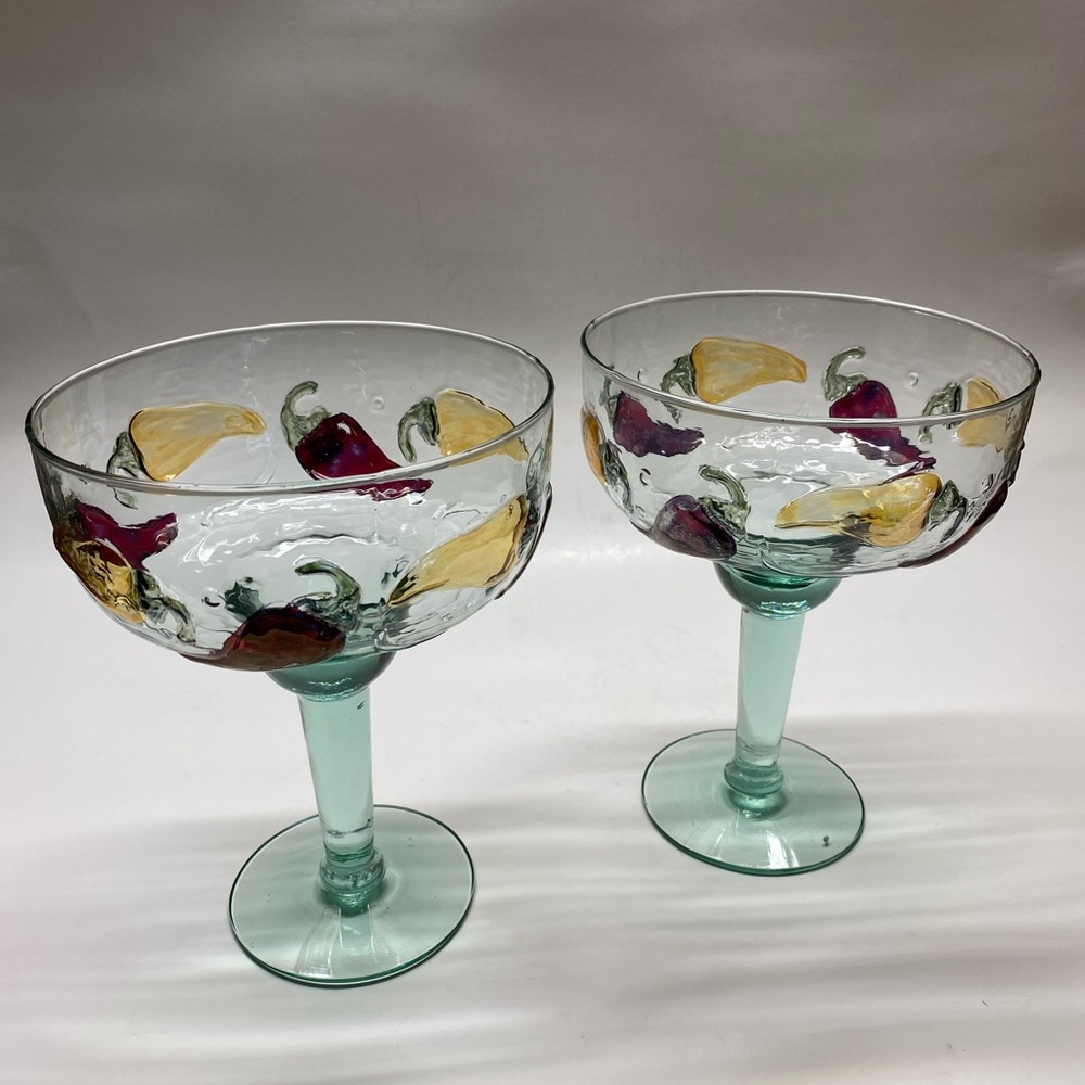 VTG Mexican Margarita Glasses Applied Glass Chili Peppers Hand Blown Set of Two
